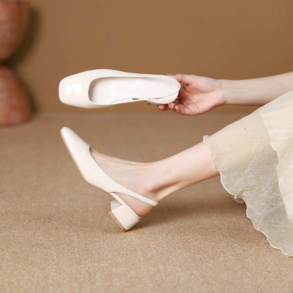 3368-1 Glossy simple style square head thick heel single shoes women's new bag head rear empty shallow mouth medium heel single shoes women's shoes