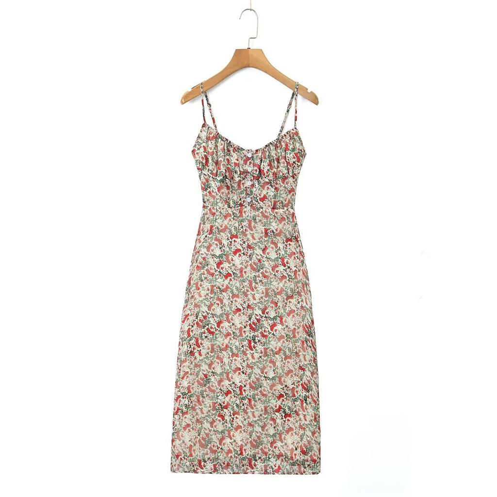European and American style sexy back elastic printing suspender dress summer new waist slim holiday medium and long dress