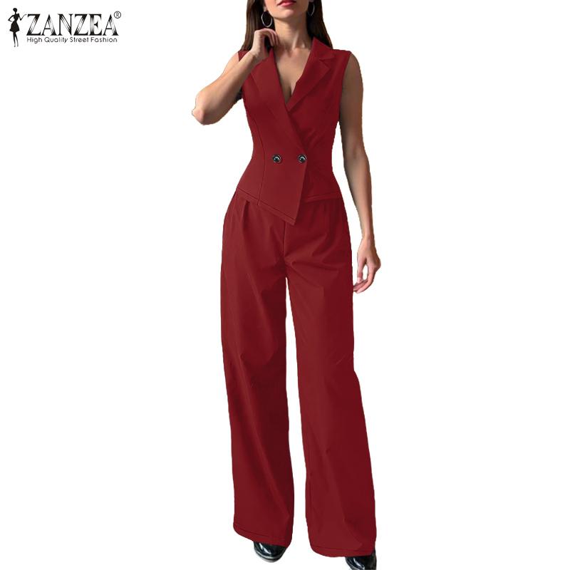 ZANZEA Topuri tip vestă fără mâneci pentru femei și pantaloni Seturi casual din două piese