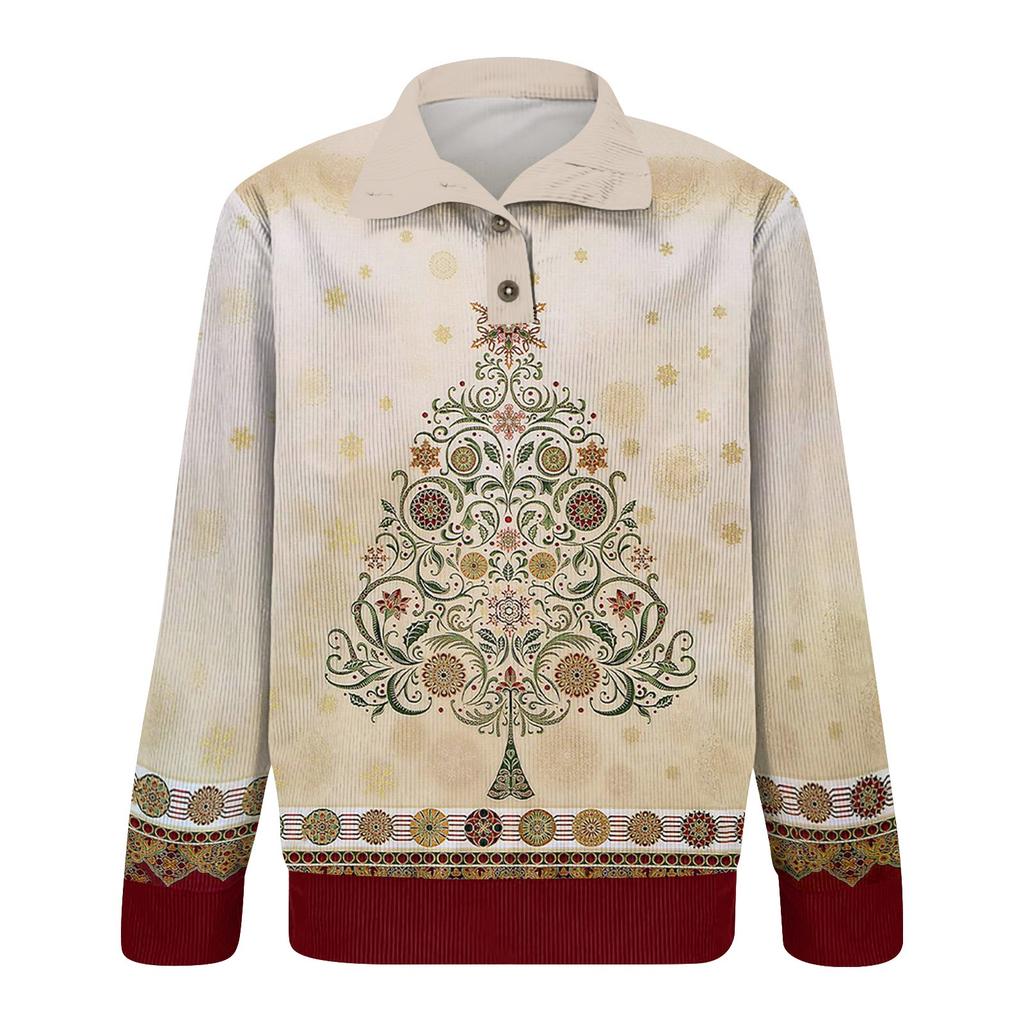 Men's Christmas Cotton Pullover Long Sleeve Outdoor Shirt Vintage Corduroy Button Stand Collar Shirt Casual Sweatshirt Christmas Print Top
