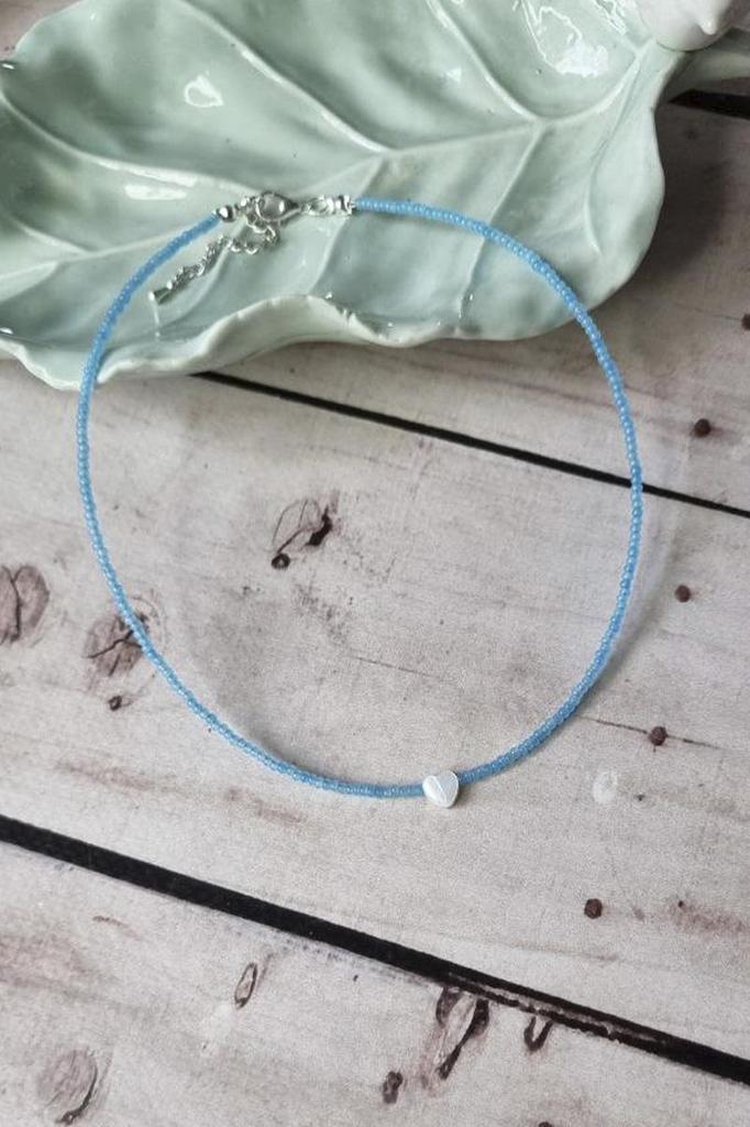 Handmade Choker with Light Blue Seed Beads and Natural Heart Shell Pendant