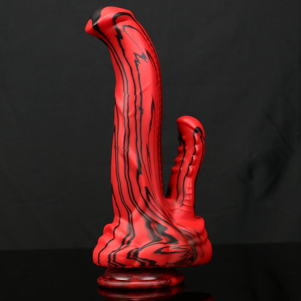 Rotschwarzer Silikon-Monsterdildos, Fantasie-Pferde-/Hundedildo mit Knoten, riesiger Schwanz, dicker Analpenis mit starkem Saugnapf
