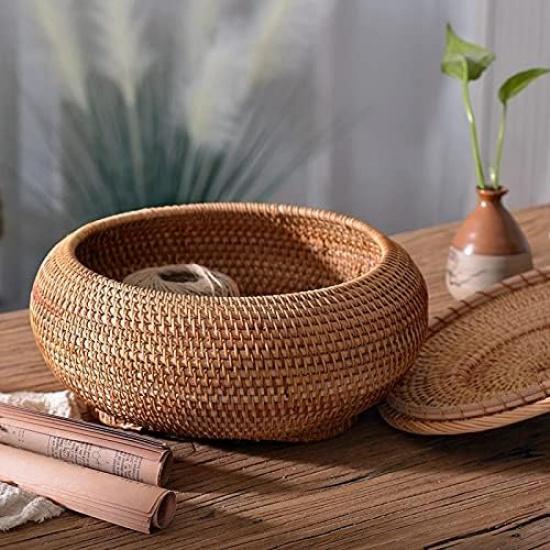 Round Rattan Boxes with Lid Hand-Woven Multi-Purpose Wicker Tray 11 Inch Picnic Food Bread Table Storage Basket (28x13cm)