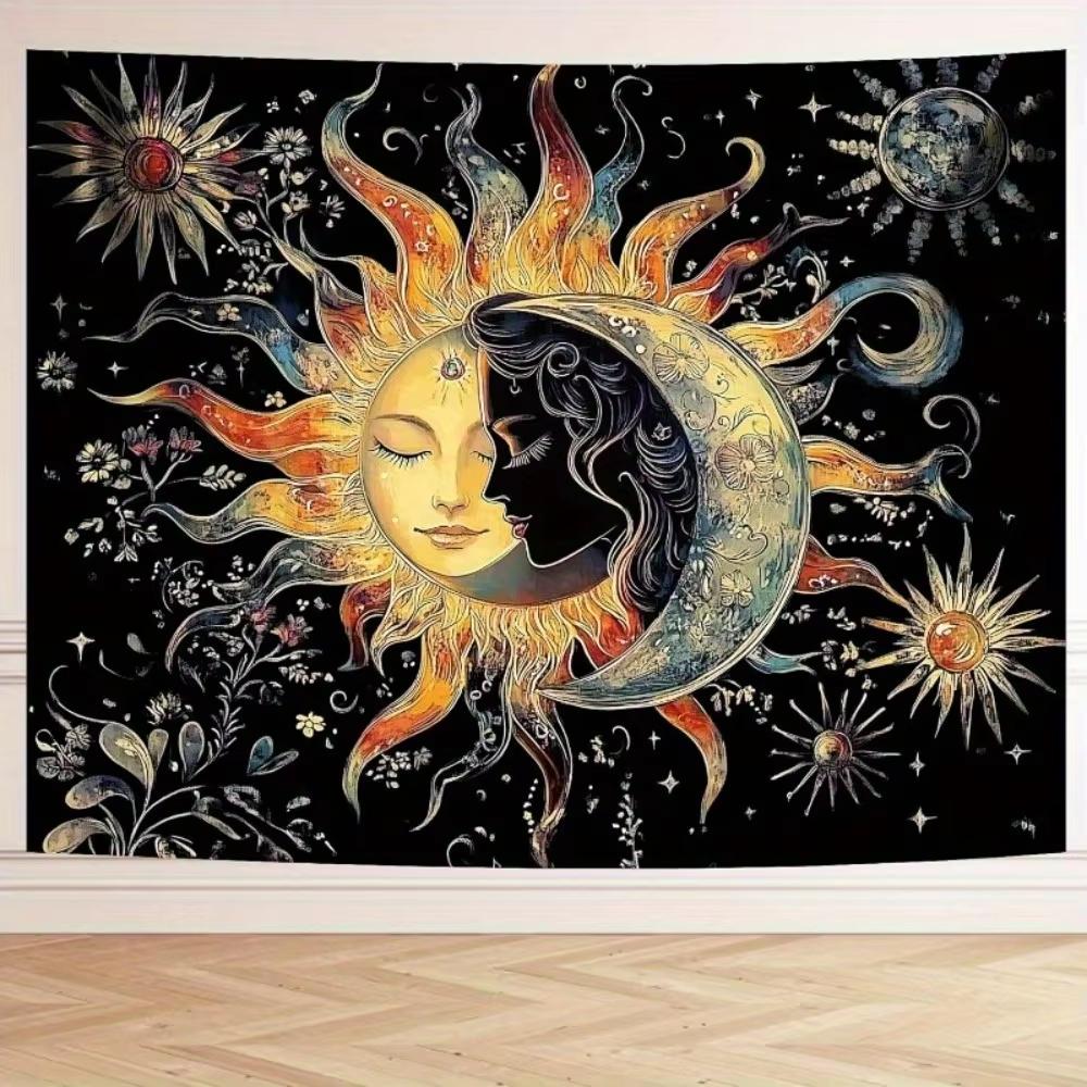 Celestial Sun and Moon Tapestry 1Piece Star  Floral Pattern Wall Hanging Decor for Living Room Bedroom Dorm Aesthetic