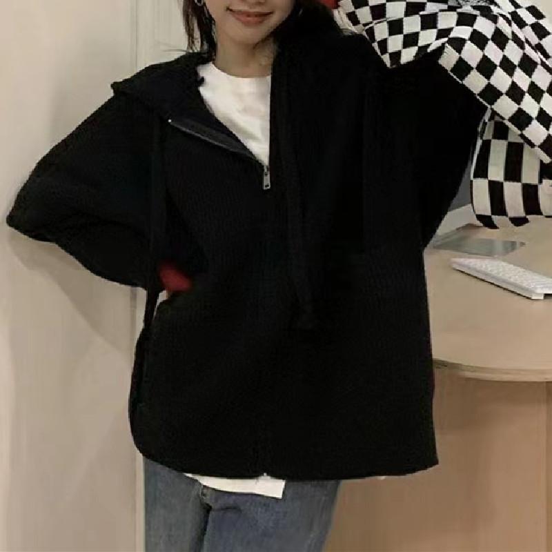 

Spring and Autumn New Lazy Wind Zipper Hooded Knitted Cardigan Top Women s Loose Versatile Skinny Sweater Jacket чёрный