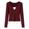 Ladies Spring Autumn Long Sleeve Solid Color False Two-piece  Bodycon T Shirt Top