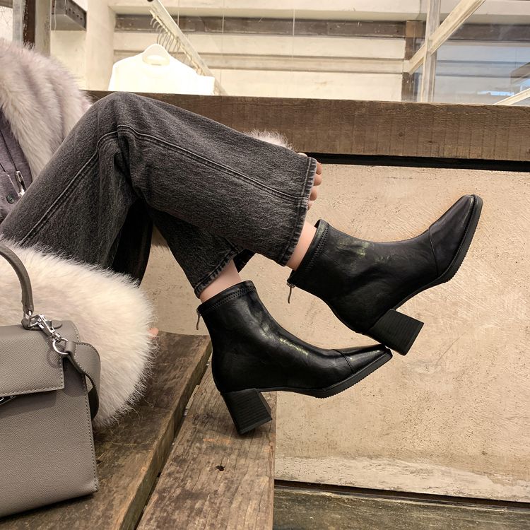 Fashion New Autumn Winter Split Leather Women Boot Shoes for Women Square Toe Fashion Boot Handmade High Heels Boots Zapatos De Mujer