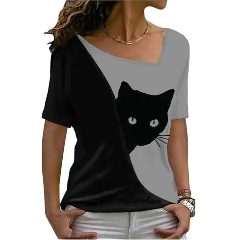 Diagonal Collar Black Cat Printed T-shirt Diagonal Collar Black Cat Print T-shirt