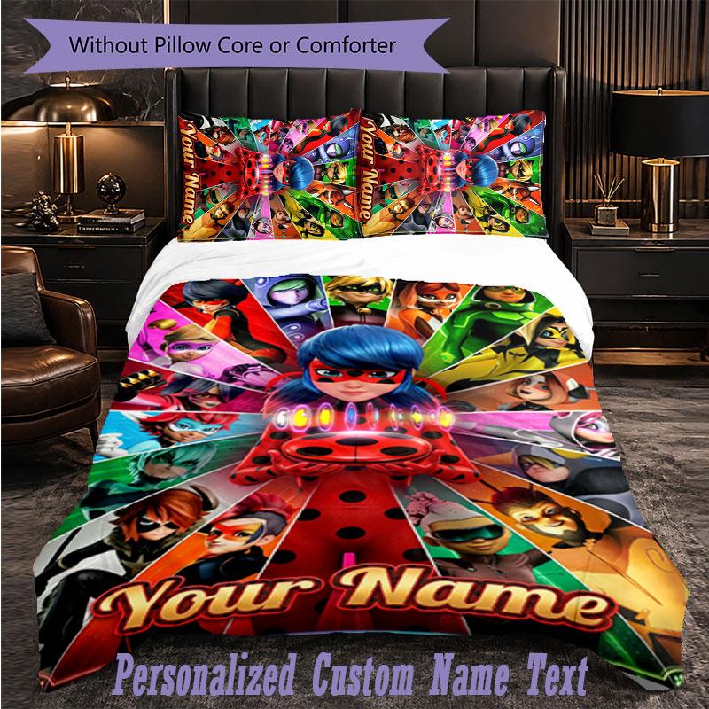 Personalized 3Pcs Bedding SetMiraculous Ladybug Custom Text Duvet Cover Pillowcase Set Bedroom Gift