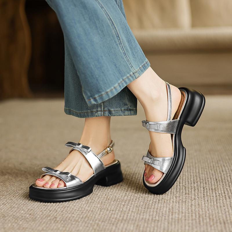 Thick-soled Flat Belt Fashionable and Versatile Design with Genuine Leather Bow Sandals