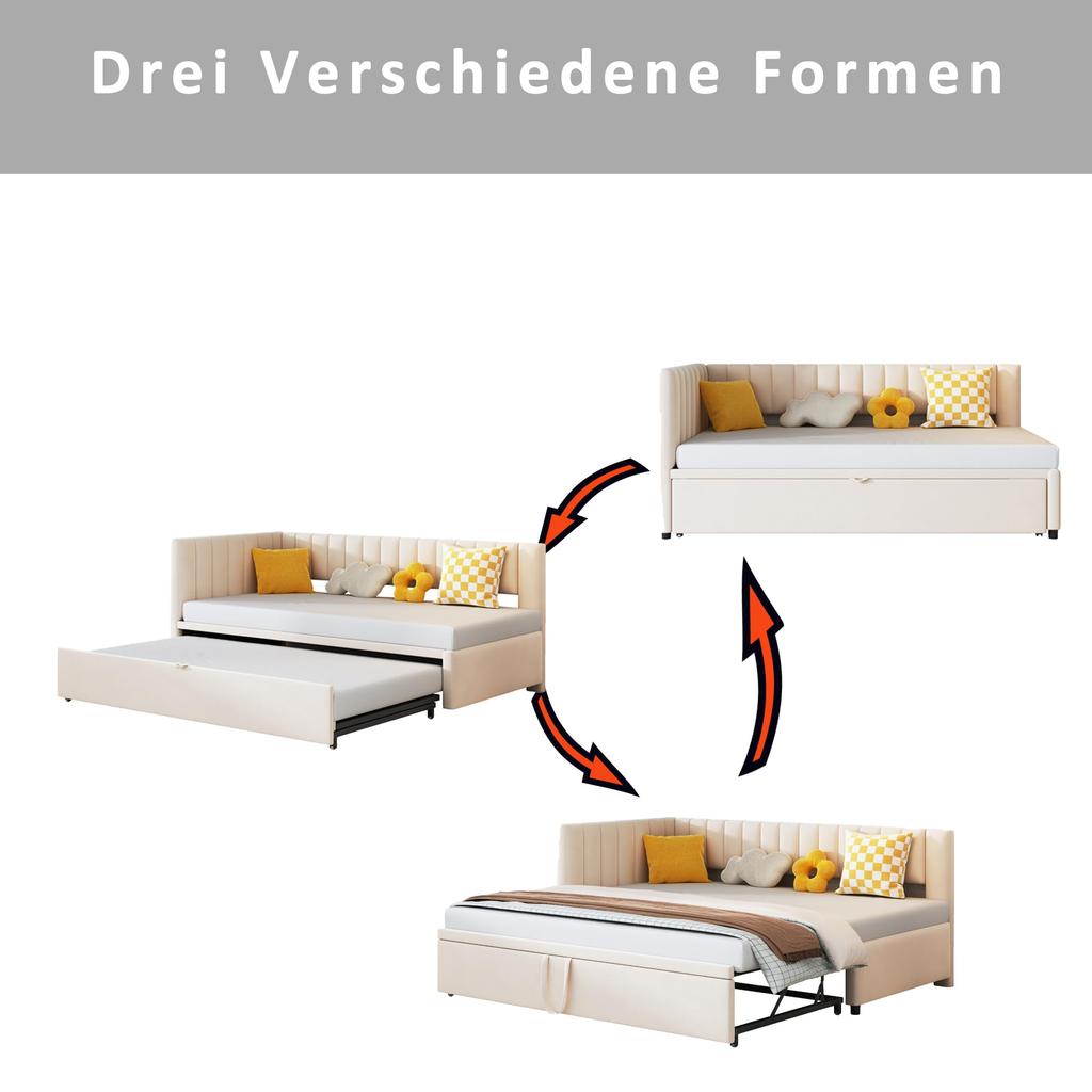 Schlafcouch Ausziehbar 90x200 cm, L-Form Klappsofa, Couch Bett 2 Sitzer, Schlaffunktion, Samtstoff, Beige (Ohne Matratze)
