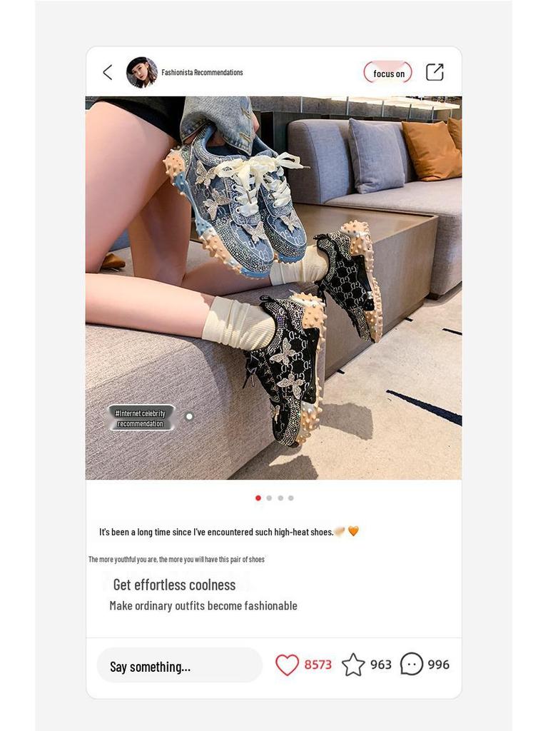 G New Dad Sneakers - Versatile, Comfortable, Women's Casual Full Diamond Durian Bottom Shoes