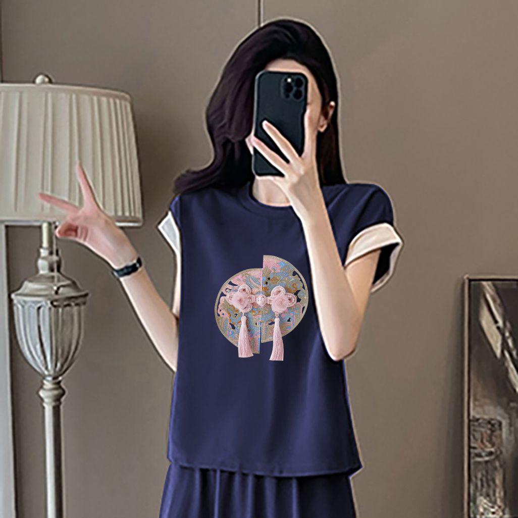 

Summer Cotton Color Block Two-Piece Set: Short Sleeve Top & Pocket Skirt L - 115-130 lbs