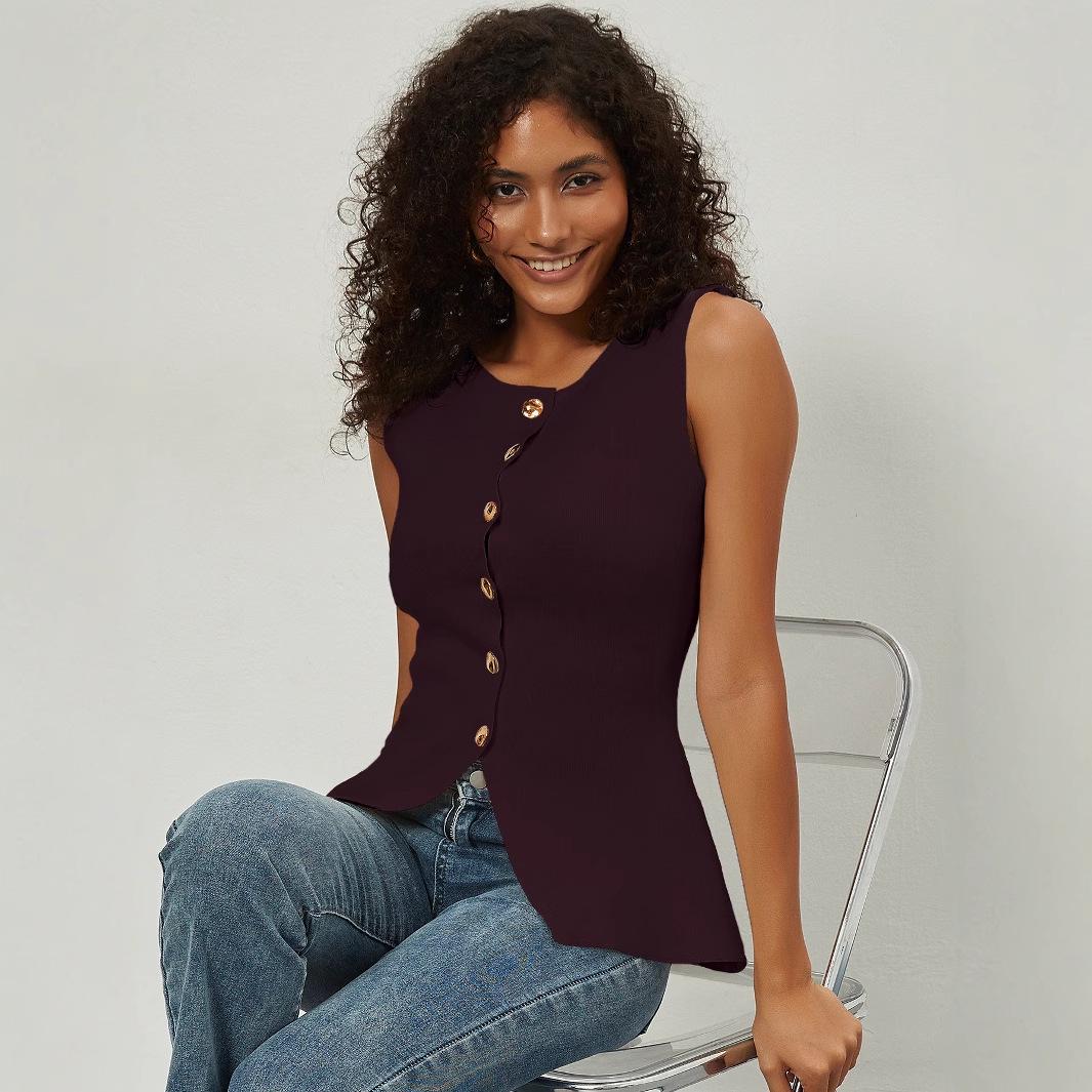 

Women s European and American Style Slim Fit Single-Breasted Knitted Vest Top L