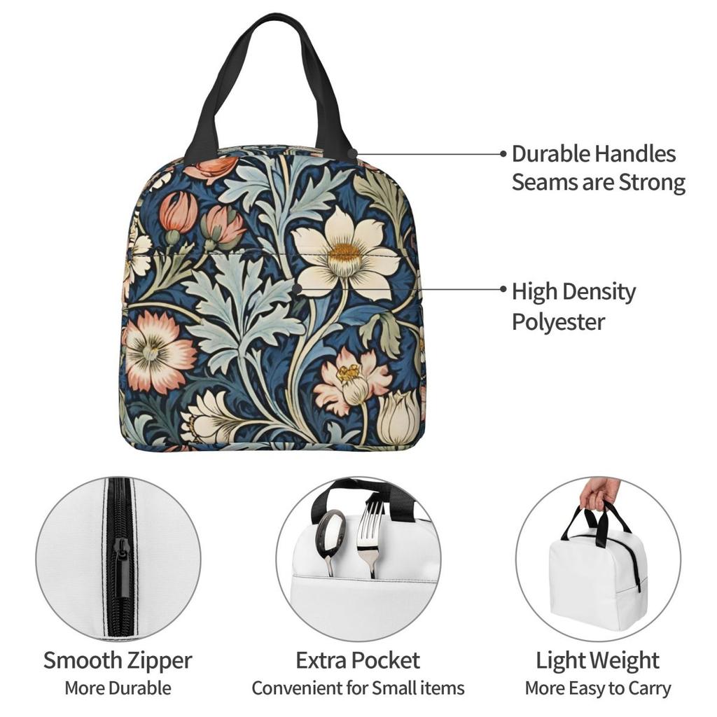 Framed William Morris Botanical Bliss Insulated Lunch Bag for Women Children Leakproof Food Boxes Thermal Lunch Box Tote