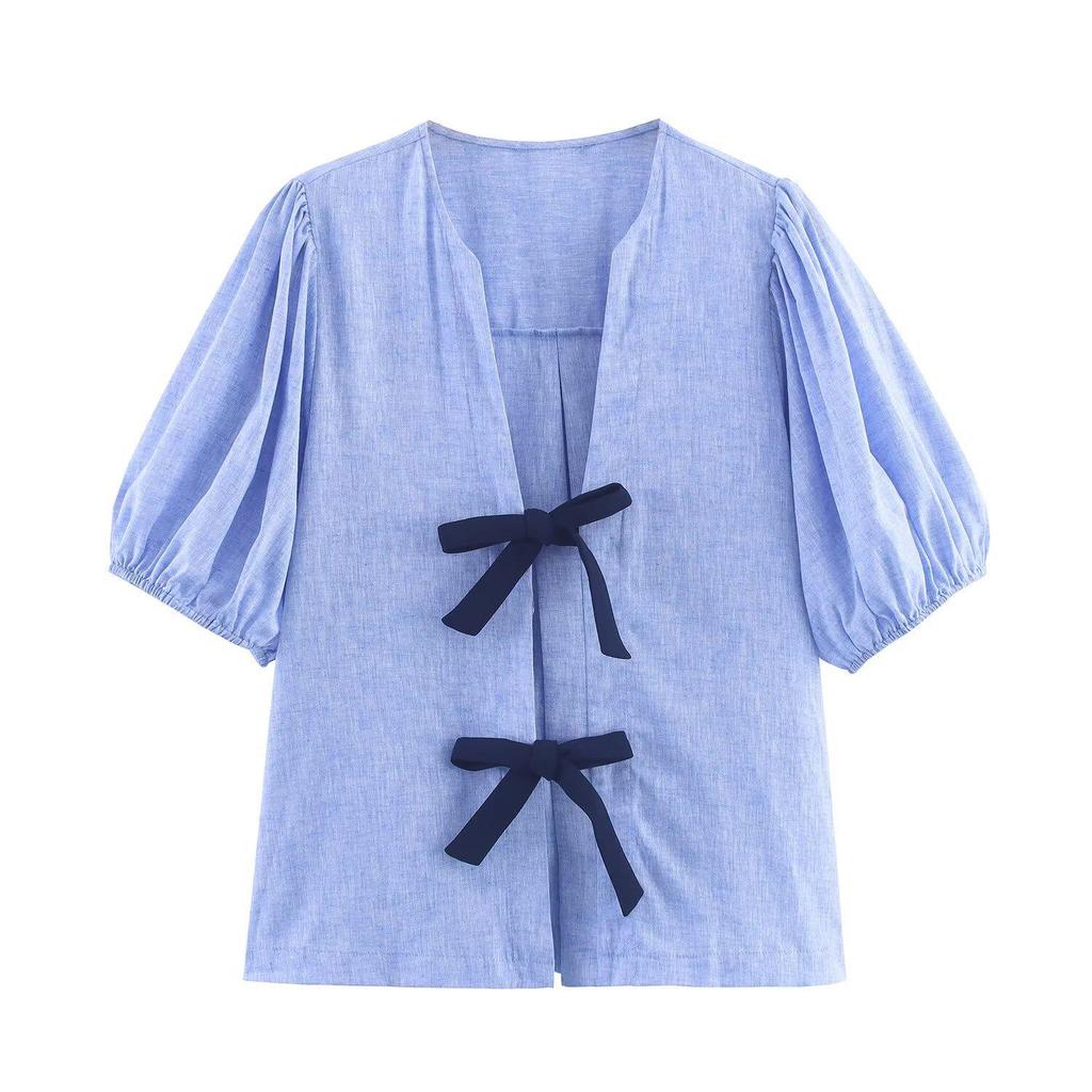 Spring Women's V-Neck Ruffle Print Chiffon Blouse with Long Sleeves