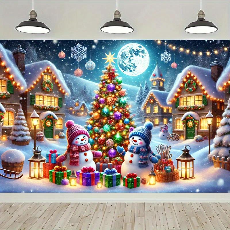 Christmas Snowman Village Background Banner - Polyester Decoration  Christmas Village Theme - Holiday Decoration