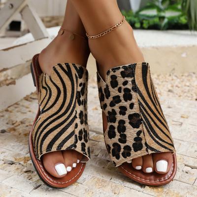 Mode Damen Hausschuhe Leopardenmuster Gladiator Sandalen Sommer Leichte Strandschuhe für Damen Römischer Stil Flache Hausschuhe Pantoletten Damen