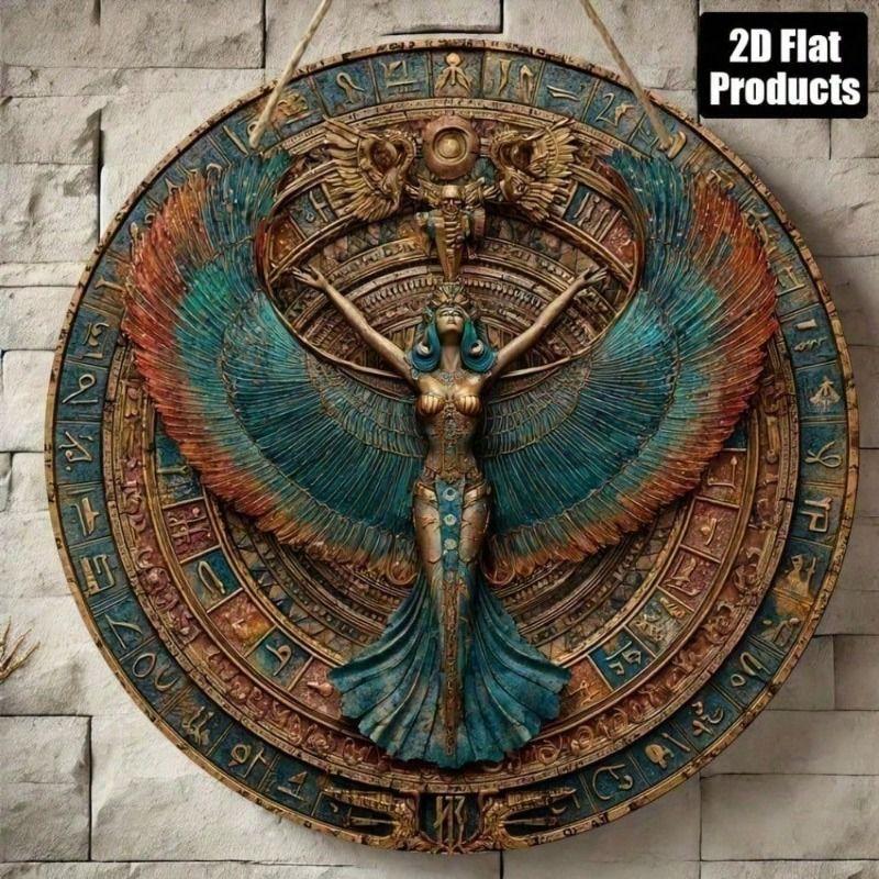 Vintage Egyptian Winged Goddess Metal Wall Decor, Round Hieroglyph Poster for Living Room
