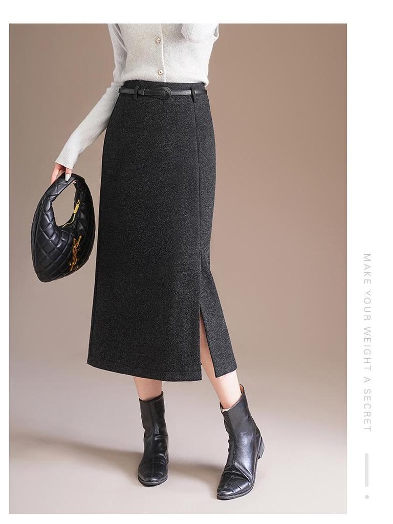 Damen Midirock in A-Linie aus dicker Wolle, Grau - Winterstyle 2025, Stilvoller Schlitz