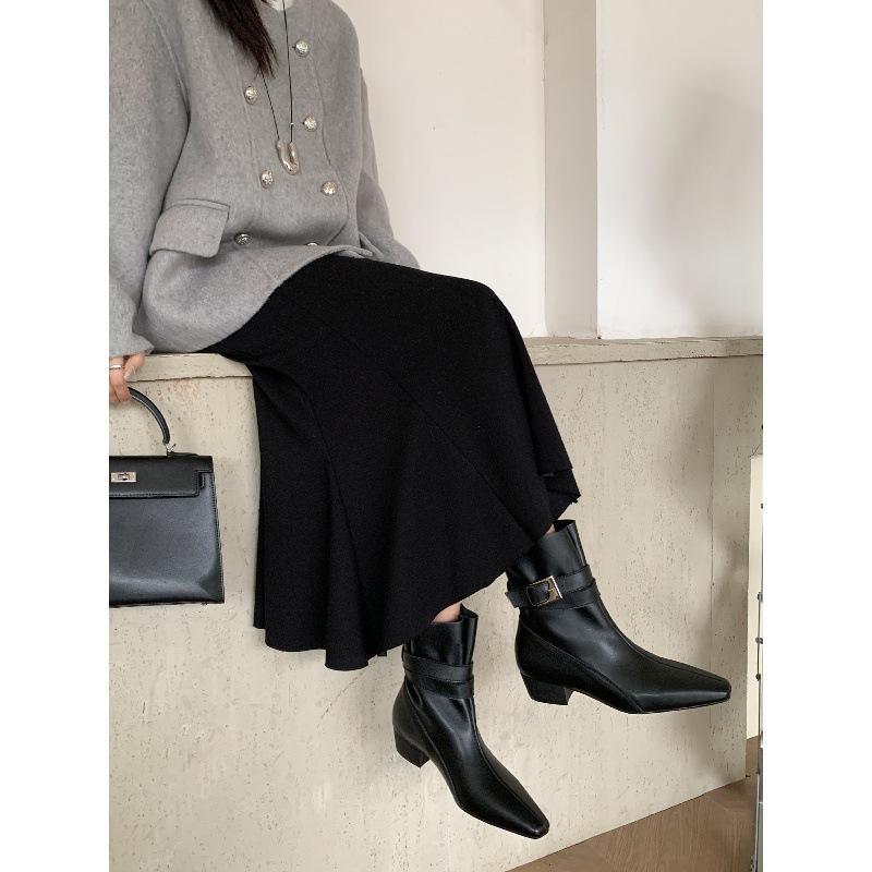 British style square head short boots new pedal thick heel belt buckle thin boots
