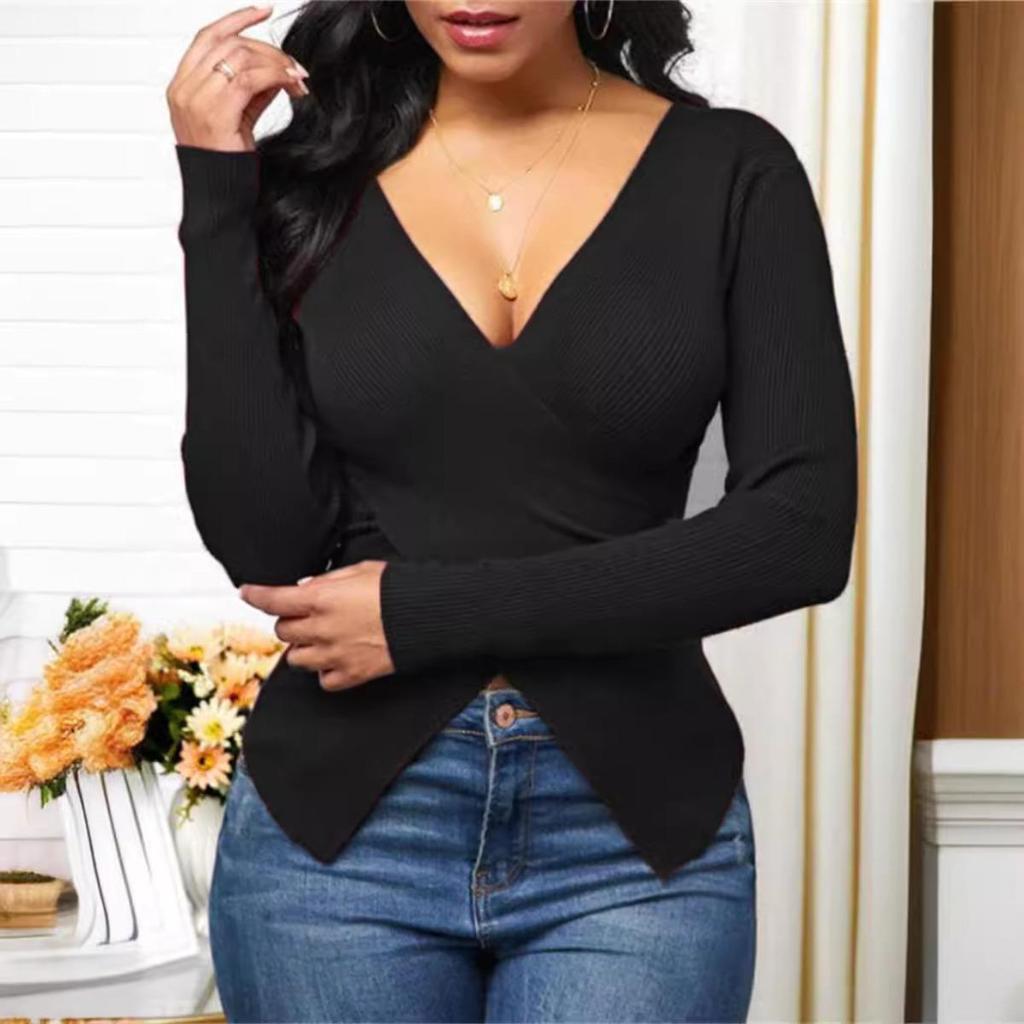 V-Neck Women's Ribbed Knit Slim Fit Cross Blouse Shirt Top