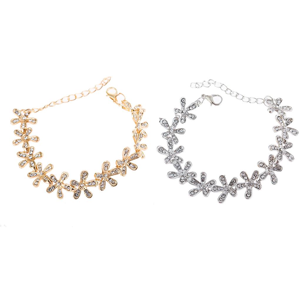 Rhinestone Inlaid Bracelet Women Snow Flowers Adjustable Bangle Hand Charm Chain Jewelry Gift