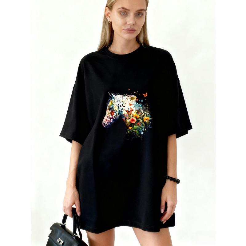 

Oversized T Shirt Dress Black Horse Floral Print And Butterflies Casual Streetwear Style S чёрный