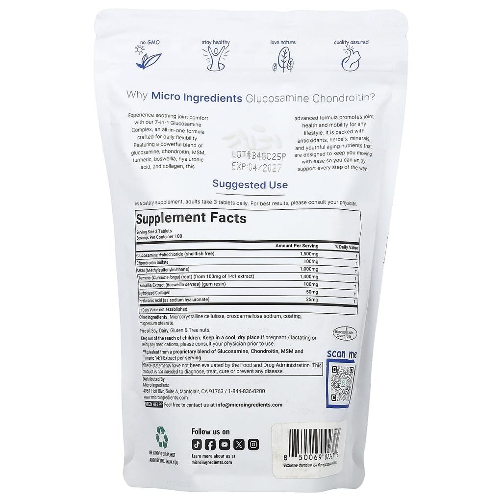 Micro Ingredients Glucosamine Chondroitin, MSM, and Turmeric, 300 Tablets