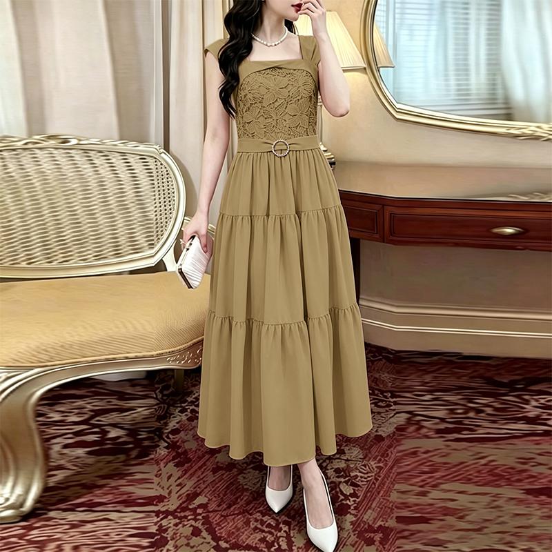 

ZANZEA Women Elegant Lace Crochet Patchwork Round Neck Casual Sleeveless Dress 2XL хакі