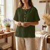 Women Henley Neck Button Down Short Sleeve Shirt Casual Linen Cotton Top with Chest Pocket for Daily Wear