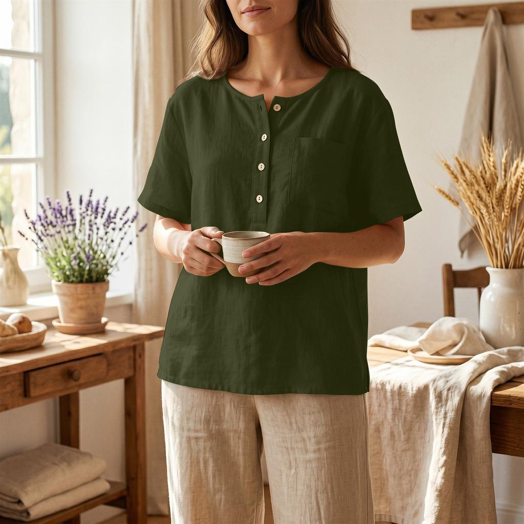 Women Henley Neck Button Down Short Sleeve Shirt Casual Linen Cotton Top with Chest Pocket for Daily Wear