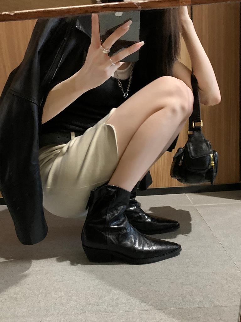 Lammfellversion~ spitze V-Ausschnitt Westernstiefel Damen Chelsea Französische Retro-Faltenstiefel dünne Stiefel dicker Absatz Lederstiefeletten