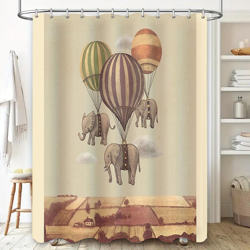 Vintage Elephant Hot Air Balloon Shower Curtain Rustic Farmhouse Bathroom Decor Set Waterproof Scenic Wall Hanging Artistic Home