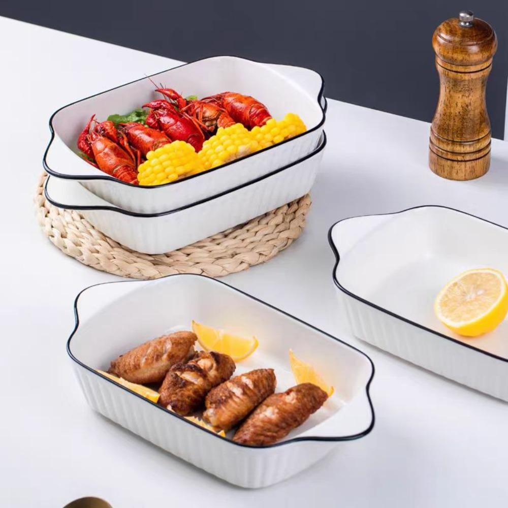 2 Piece Rectangular Double Handle Ceramic Baking Tray Cheese Risotto Baking Dish  Tiramisu