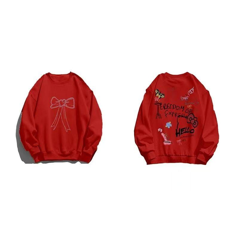 Ladies Cartoon Pattern Solid Color Hoodie Korean Letter Decorated Round Neck Hoodies Winter Loose Versatile Woman Top