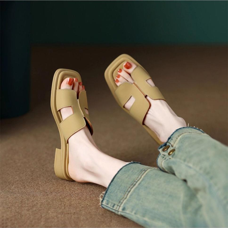 Summer Soft Leather Women's Shoes Low Heel Square Toe Roman Retro Brown French Women's Sandals with Exposed Toes
