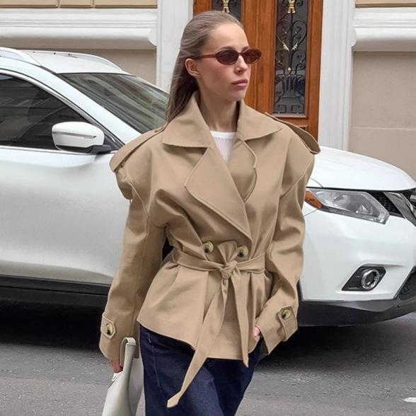 Women's Khaki Double Breasted Belted Trench Coat Short Jacket