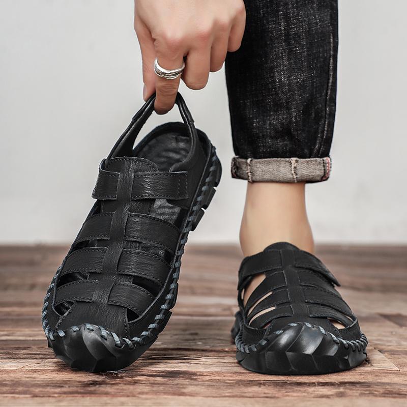 Fashion High Quality Men's Comfortable Leather Hand Sewn Casual Sandals for Summer New Men's Breathable and Non Slip Roman Beach Shoes