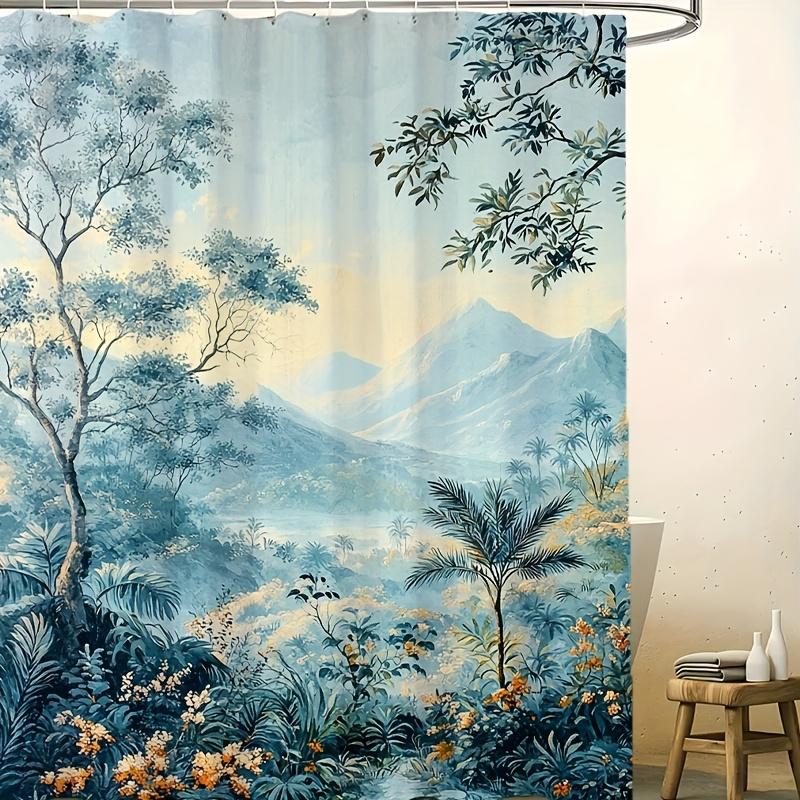 1pc Vintage Jungle Scene Shower Curtain with 12 Hooks - Majestic Mountains, Lush Foliage & Sunlit Canopy Design, 70.8x70.8 Inch