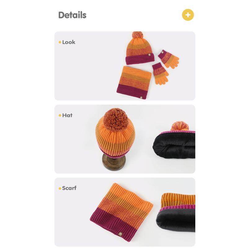 Children's Scarf Three Piece Set with Plush Contrasting Color Ball Hat, Scarf Gloves, 3-piece Set for Warmth