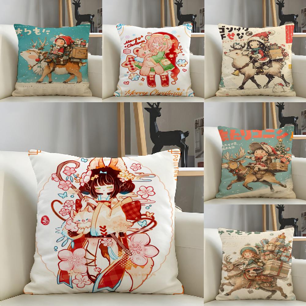 Stamp-Style Girl Illustrations 2 Pillow Case Natural Linen Pillow Case Double-Sided Decor Sofa Pillowcase Home Decor