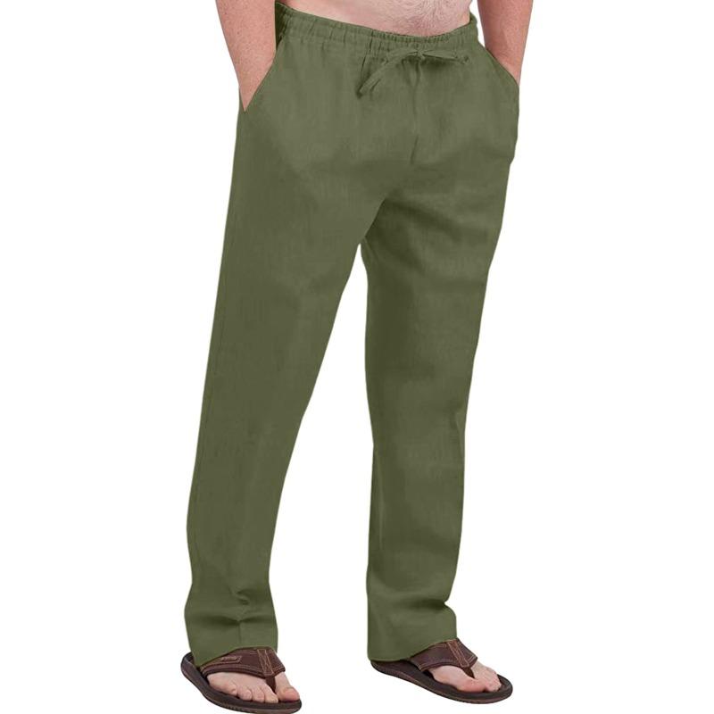 Herren Freizeit Atmungsaktive Baumwoll-Leinen Kordelzug Hose – Atmungsaktive Sommer Strandhose