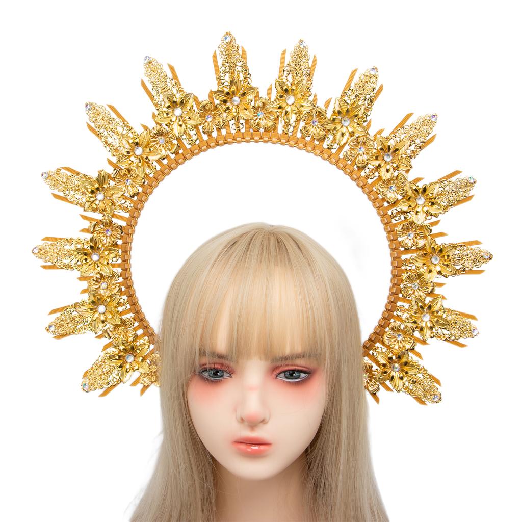 Sun Goddess Halo Crown Baroque Golden Headpiece KC Tiaras Wedding Crown Lolita Exaggerated Complete Headpiece Photoshoot Props