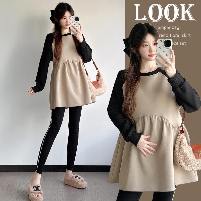 2026 Spring Korean Maternity Doll Shirt: Loose, Belly-Covering, Patchwork Two-Piece Top Extra Large