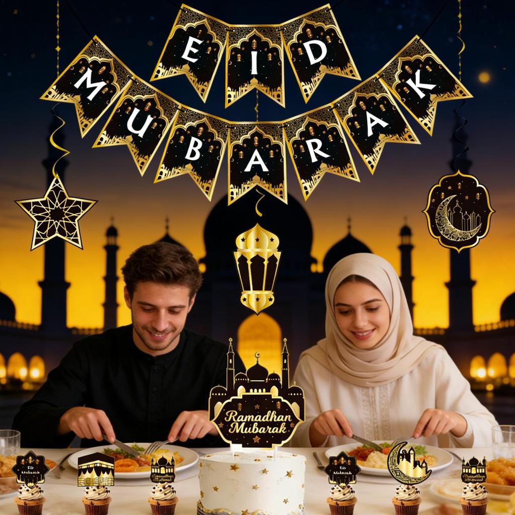Festive Banner Black Gold Background Prop With Cake Topper Moon Star Party Garlands For Indoor Event Workplace Home Celebration