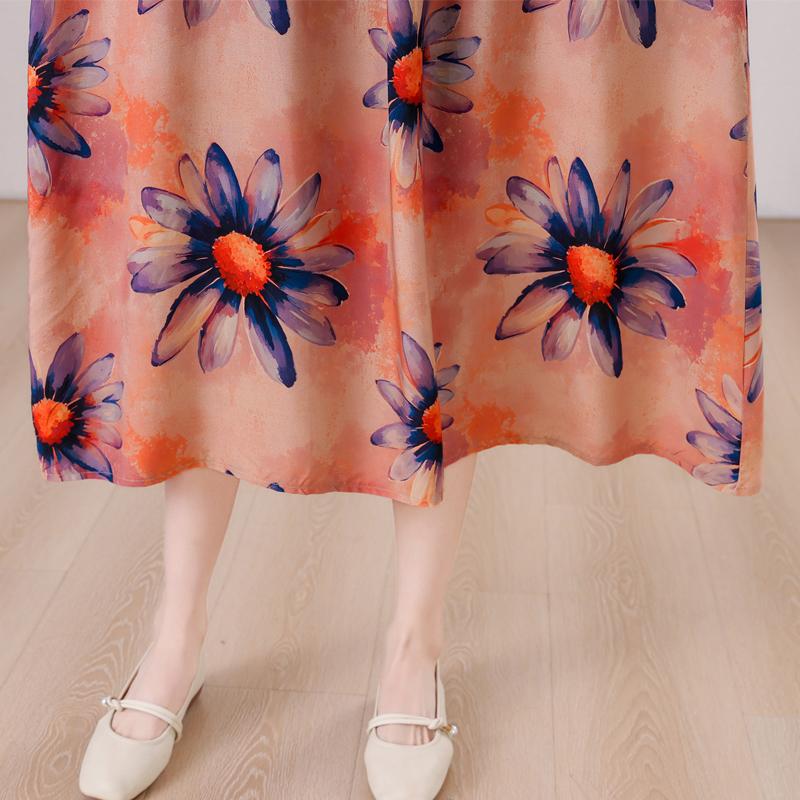 Übergröße, langes Sommerkleid mit Vintage-Druck für Damen, elegantes, kurzärmeliges, lockeres Sommerkleid in Übergröße