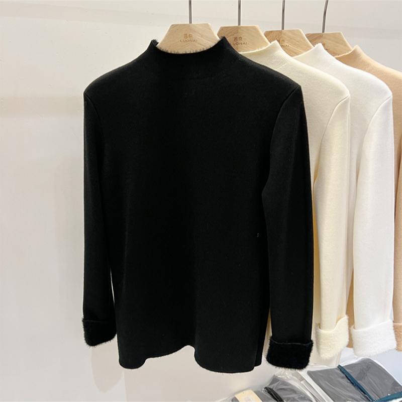 Autumn Half High Collar Slim Fit Warm Knitted Sweater Women Fashion Winter Thick Velvet Base Pullover Sweaters for Women Casual Plush Knitwears 24886