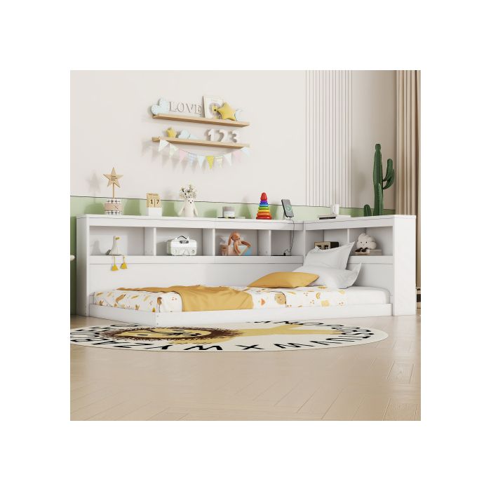 Canapé-lit - MUVOE - 90 x 200 cm - Blanc - 2 prises USB - Sommier à lattes