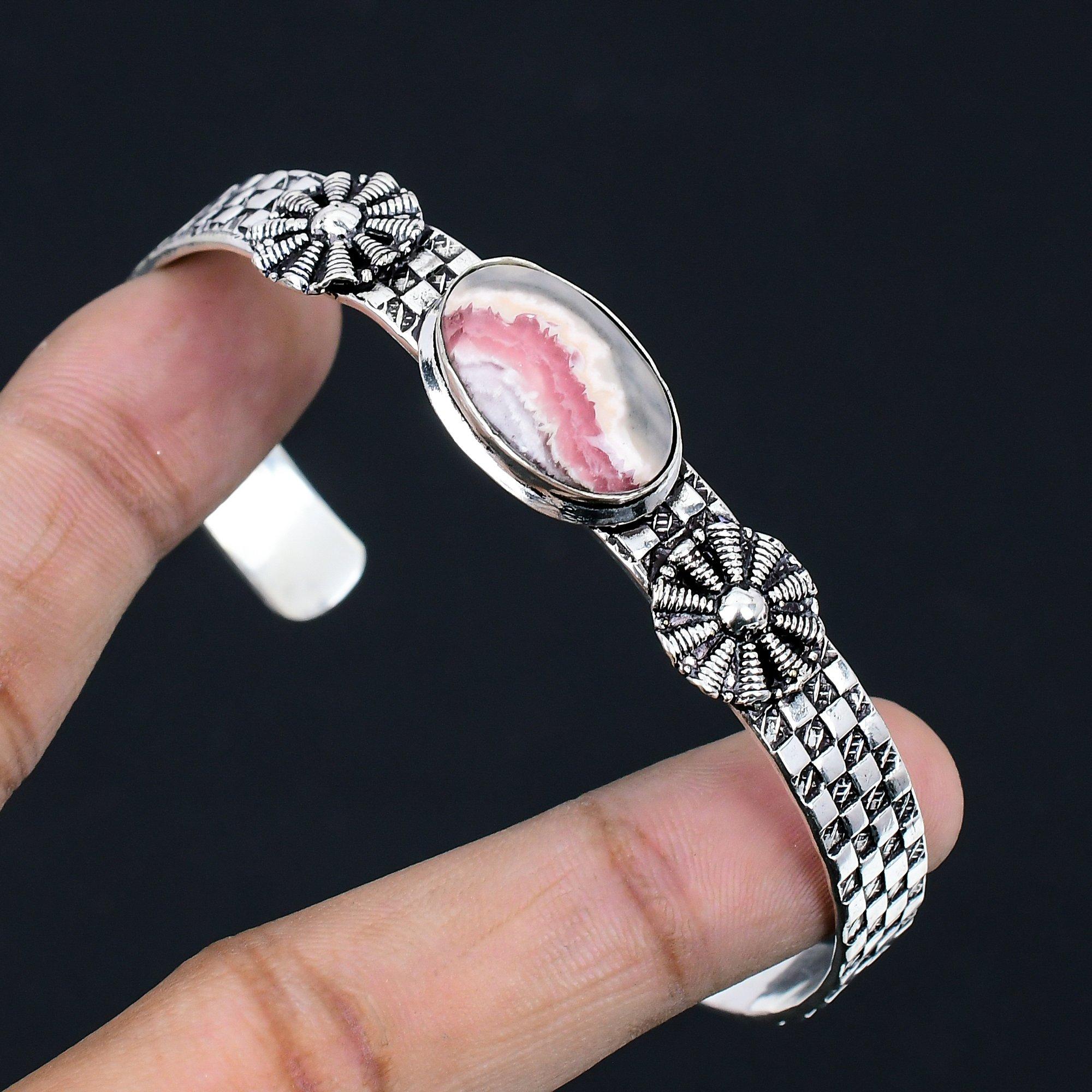 

Sterling Silver Oval Natural Rhodochrosite Unique Art Deco Sister Bangle Jewelry Adjustable
